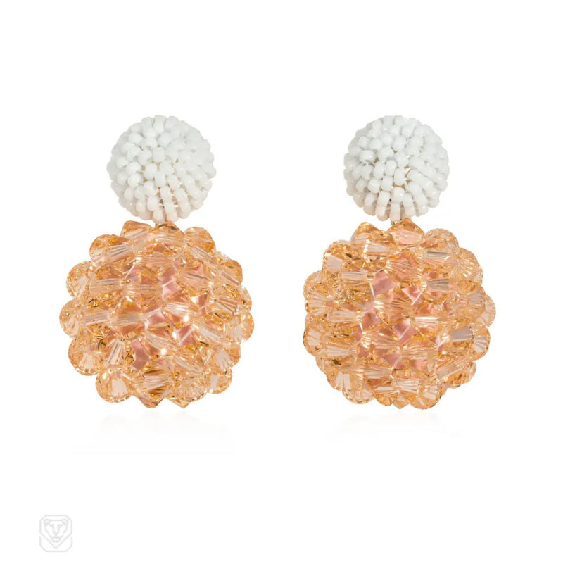 Glass And Crystal Beaded Ball Earrings In White Peach