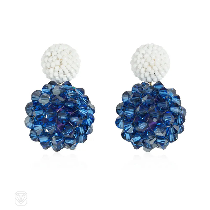 Glass And Crystal Beaded Ball Earrings In White Satin Blue