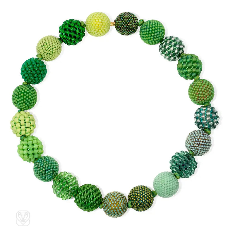 Glass And Crystal Beaded Necklace In Shades Of Green