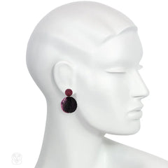Glass bead and sequin double ball earrings in purple tones