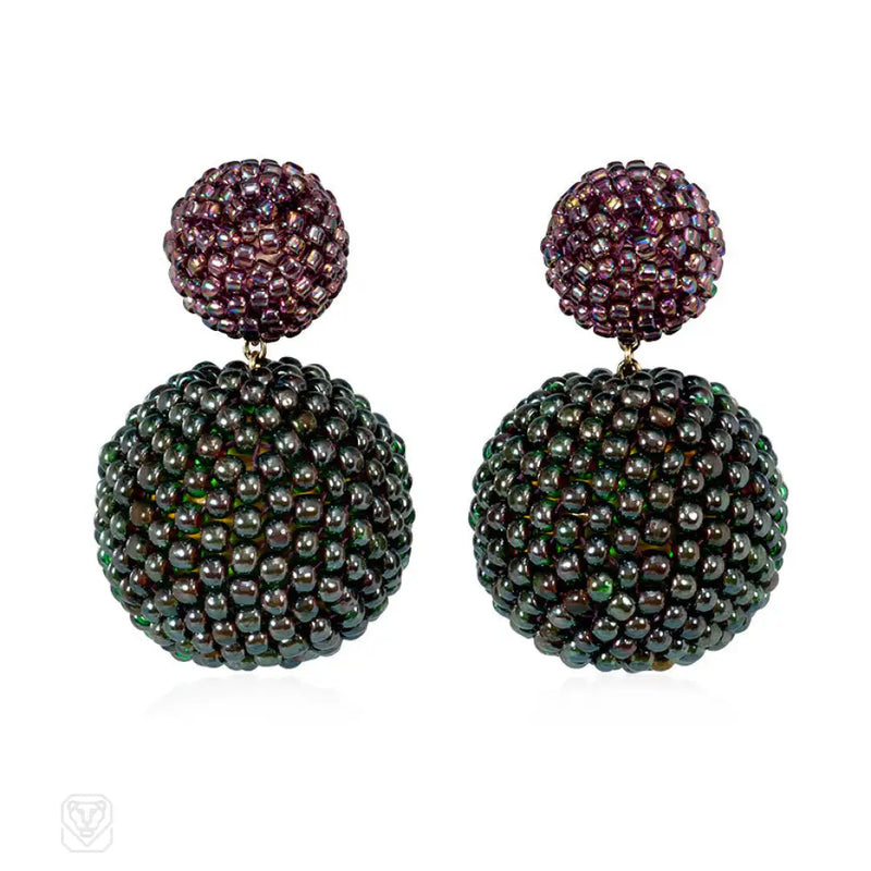 Glass Beaded Ball Earrings In Light Plum And Green - Red