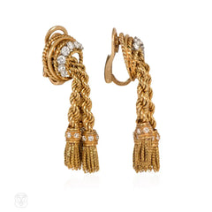 Gold and diamond tassel earrings, France