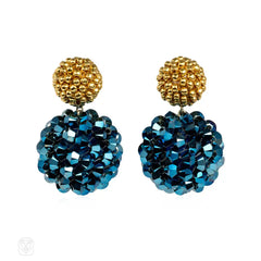 Gold-plated glass and steel blue crystal beaded earrings