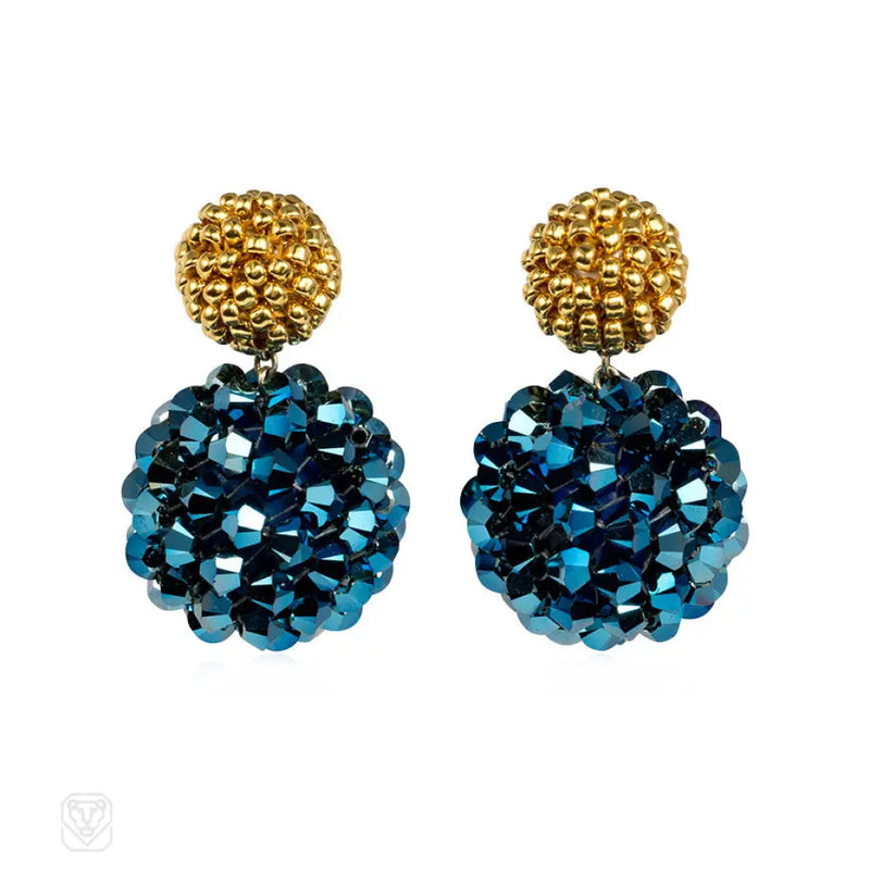 Gold - Plated Glass And Steel Blue Crystal Beaded Earrings