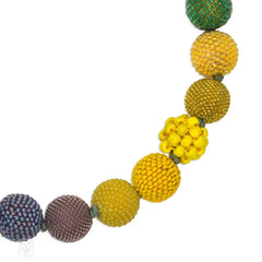 Handmade beaded ball necklace in mainly yellow, blue and green tones