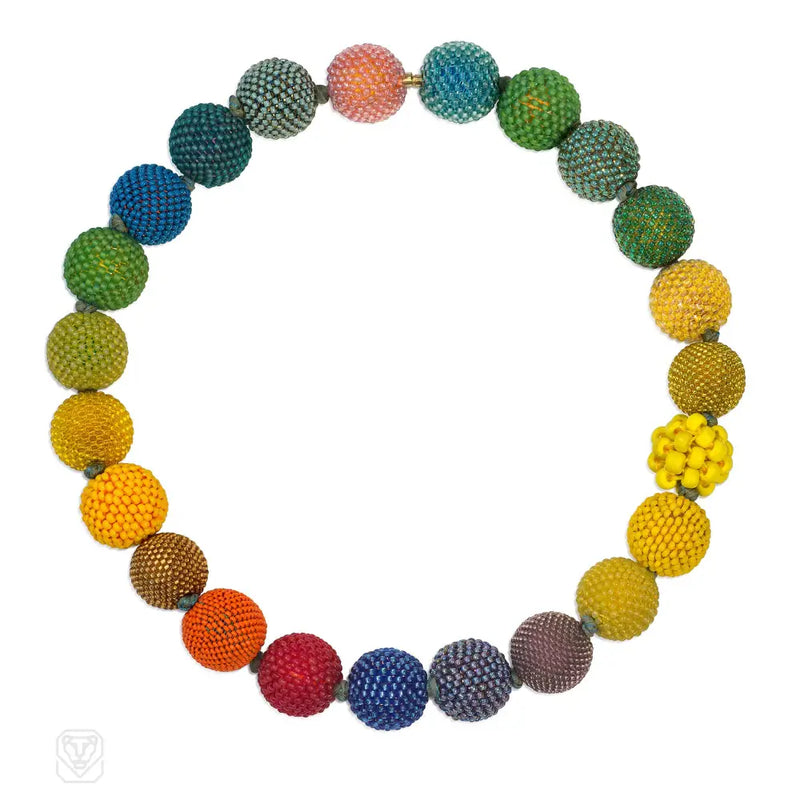 Handmade Beaded Ball Necklace In Mainly Yellow Blue And Green Tones
