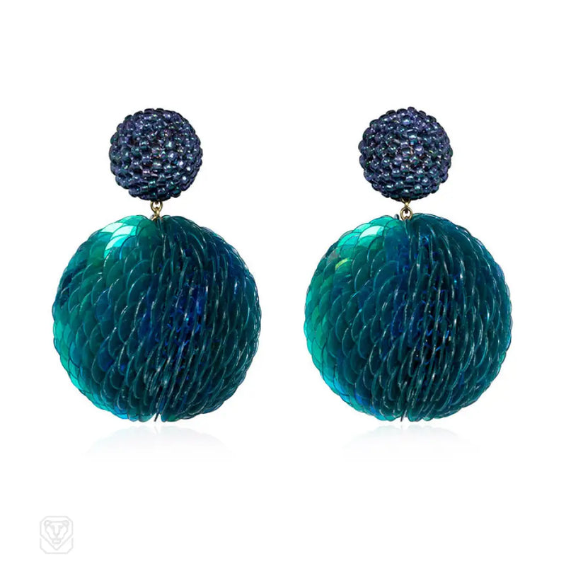 Handmade Blue Glass Bead And Green Sequined Earrings