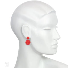 Handmade double ball coral glass beaded earrings