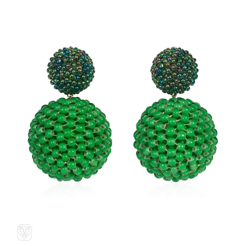 Handmade Double Ball Green Glass Beaded Earrings