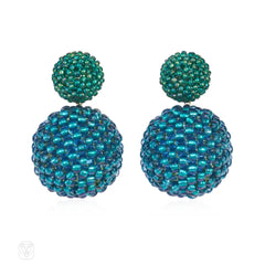 Handmade iridescent green and "water blue" glass beaded ball earrings
