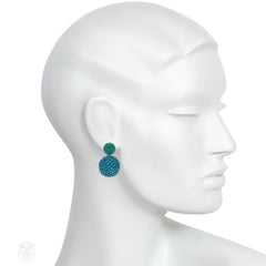 Handmade iridescent green and "water blue" glass beaded ball earrings