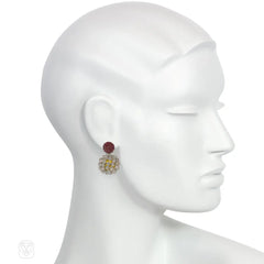 Handmade red glass and milky grey crystal beaded ball earrings
