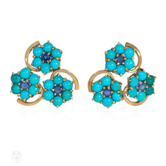 Mid-century gold, turquoise, and sapphire flower cluster earrings