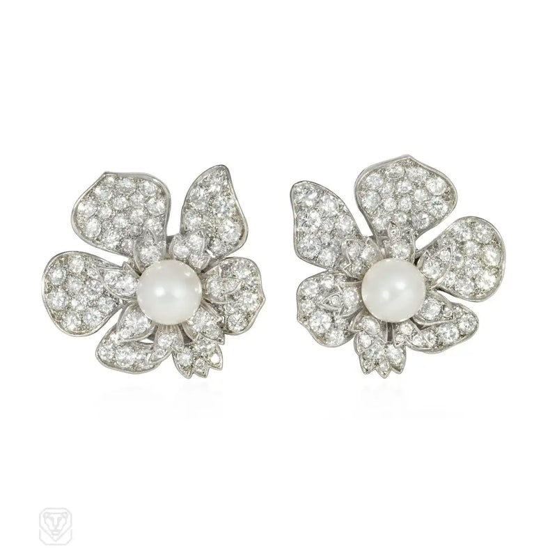Mid - Century Pearl And Diamond Flower Earrings