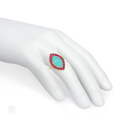 Mid-century turquoise and ruby marquise-shaped ring