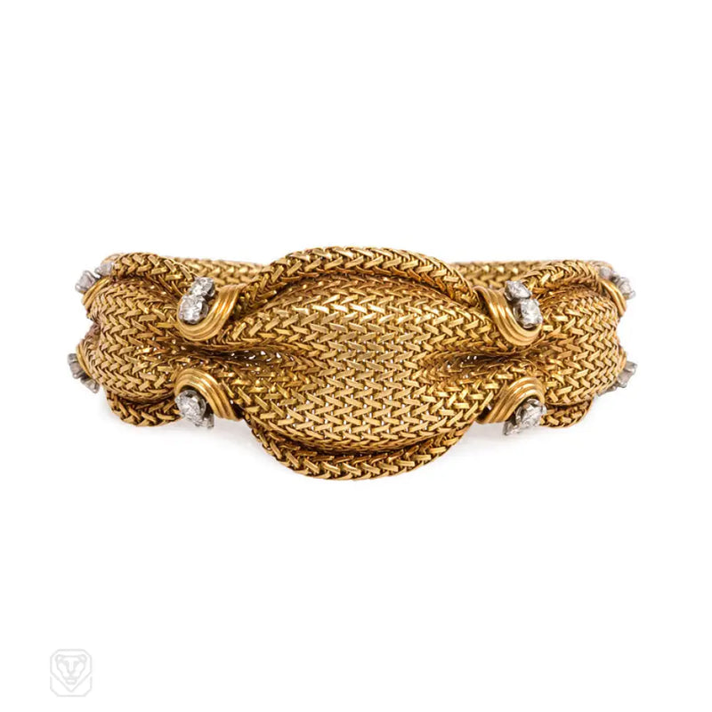 Mid - Century Woven Gold And Diamond Bracelet France.