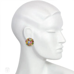 Multi-gemstone and gold bombé clip earrings