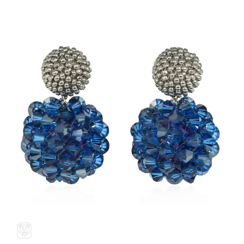Palladium - Plated Glass And Blue Crystal Beaded Ball Earrings