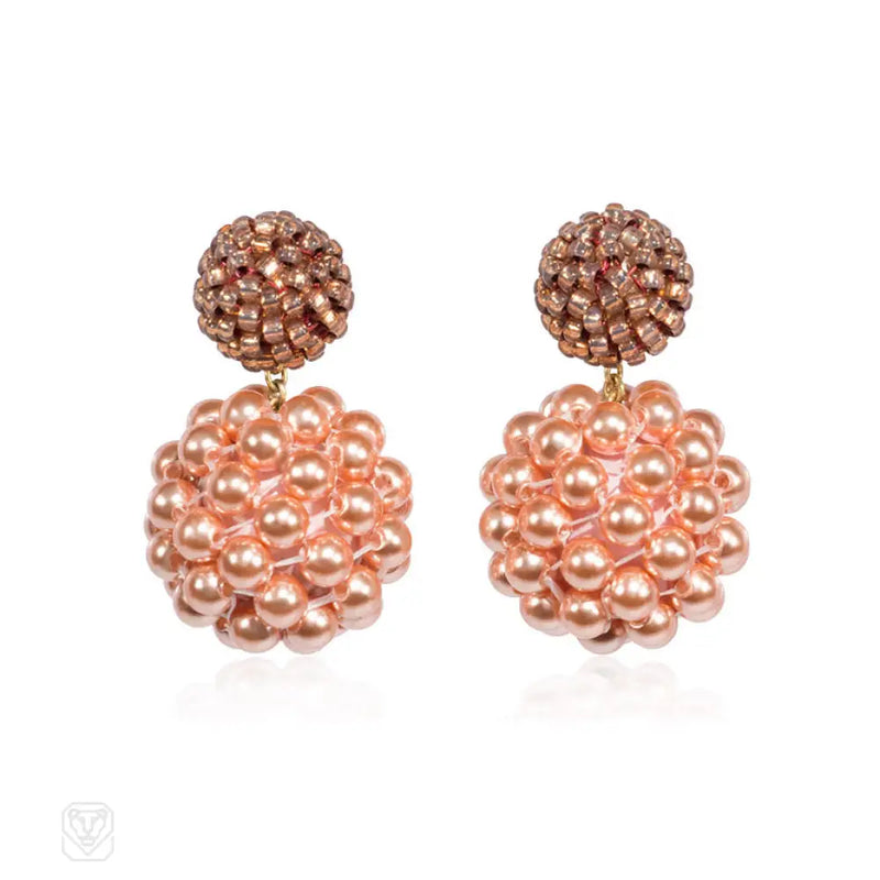 Peach Colored Glass Bead And Faux Pearl Earrings