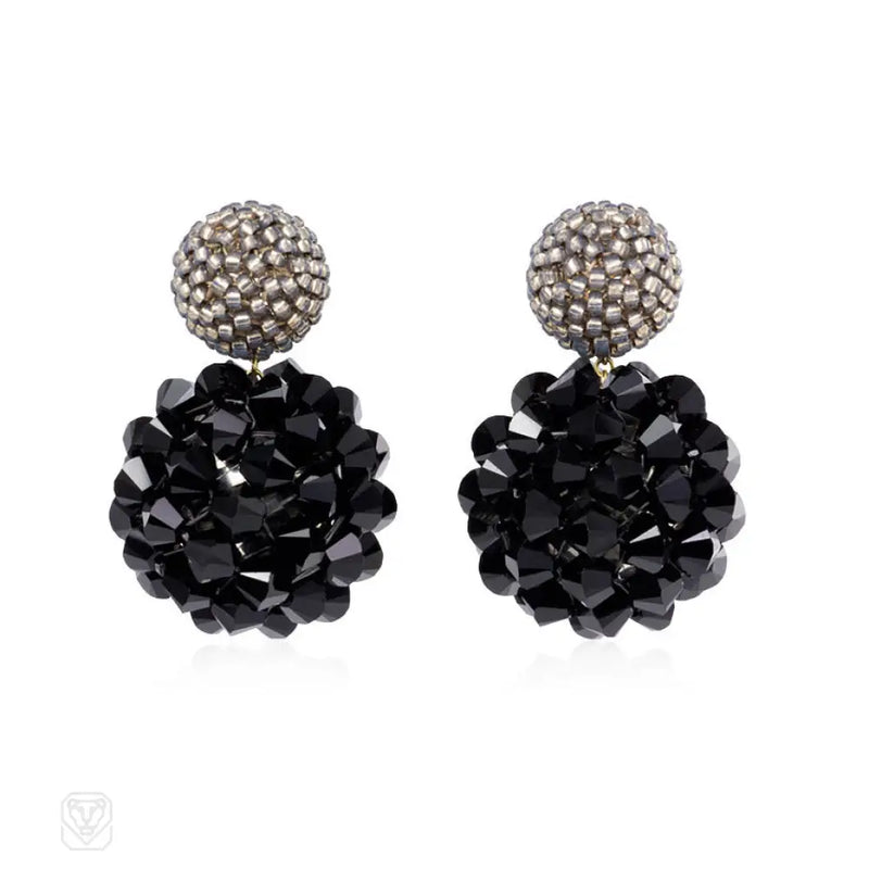 Pearly Grey And Black Crystal Handmade Double Ball Earrings