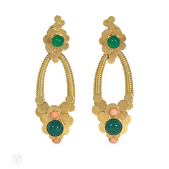 Péry & Fils day-to-night doorknocker earrings with chrysoprase and coral
