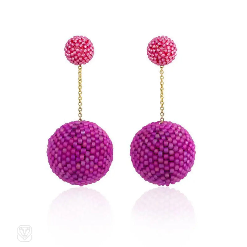 Raspberry Pink Glass Double Bead Long Chain Earrings
