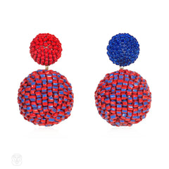 Red and blue mismatched hand beaded ball earrings