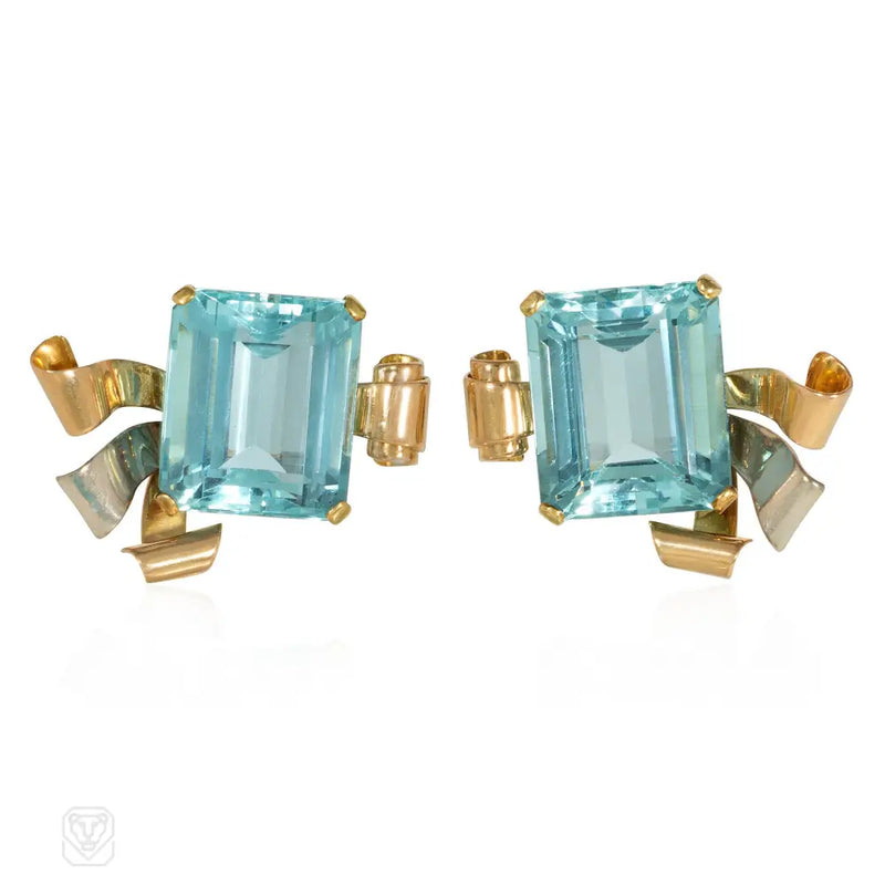 Retro Aquamarine Three - Color Gold Earrings