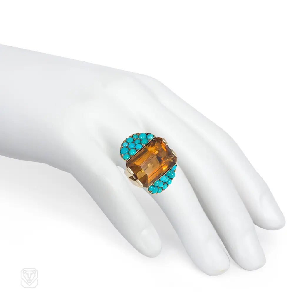 Retro citrine and turquoise cocktail ring