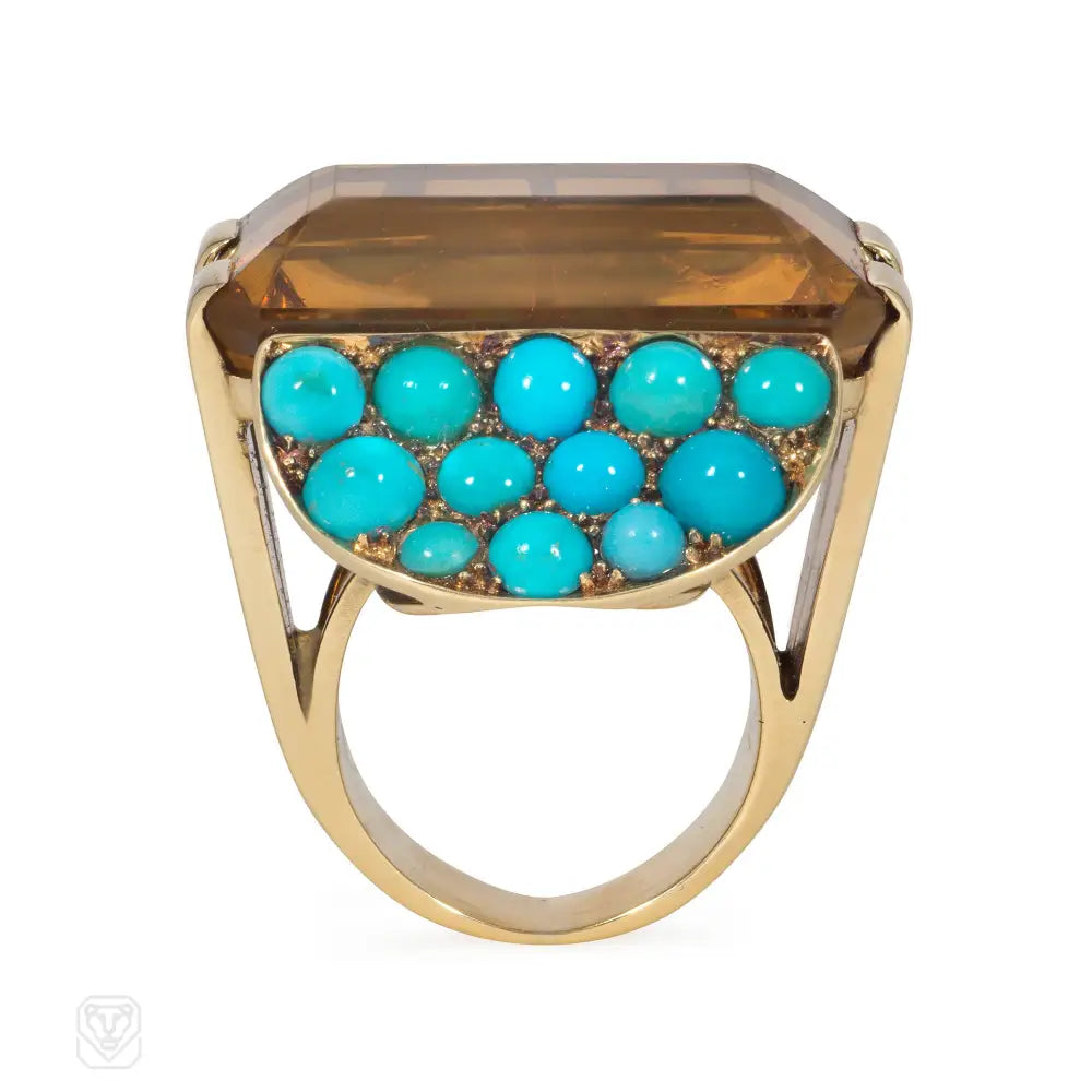 Retro citrine and turquoise cocktail ring