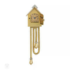 Retro French gold and diamond cuckoo clock brooch-watch