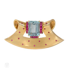 Retro gold, aquamarine, and ruby fan-shaped brooch