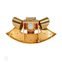 Retro gold, aquamarine, and ruby fan-shaped brooch