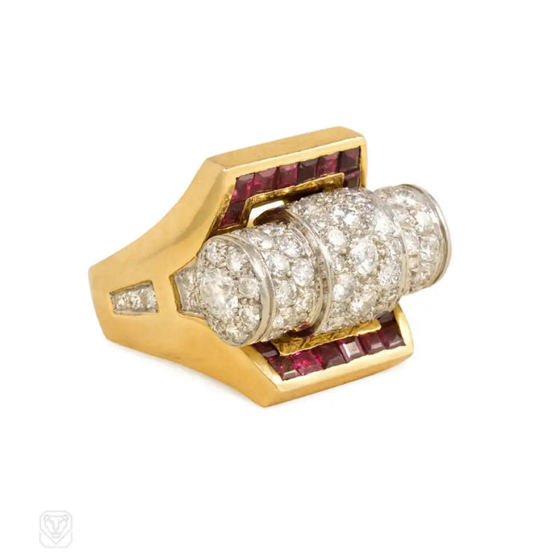 Retro Gold Pavé Diamond And Calibré Ruby Ring