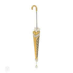 Retro  gold, pearl and diamond umbrella brooch