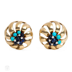 Retro gold, turquoise, sapphire, and diamond earrings