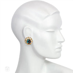 Retro gold, turquoise, sapphire, and diamond earrings