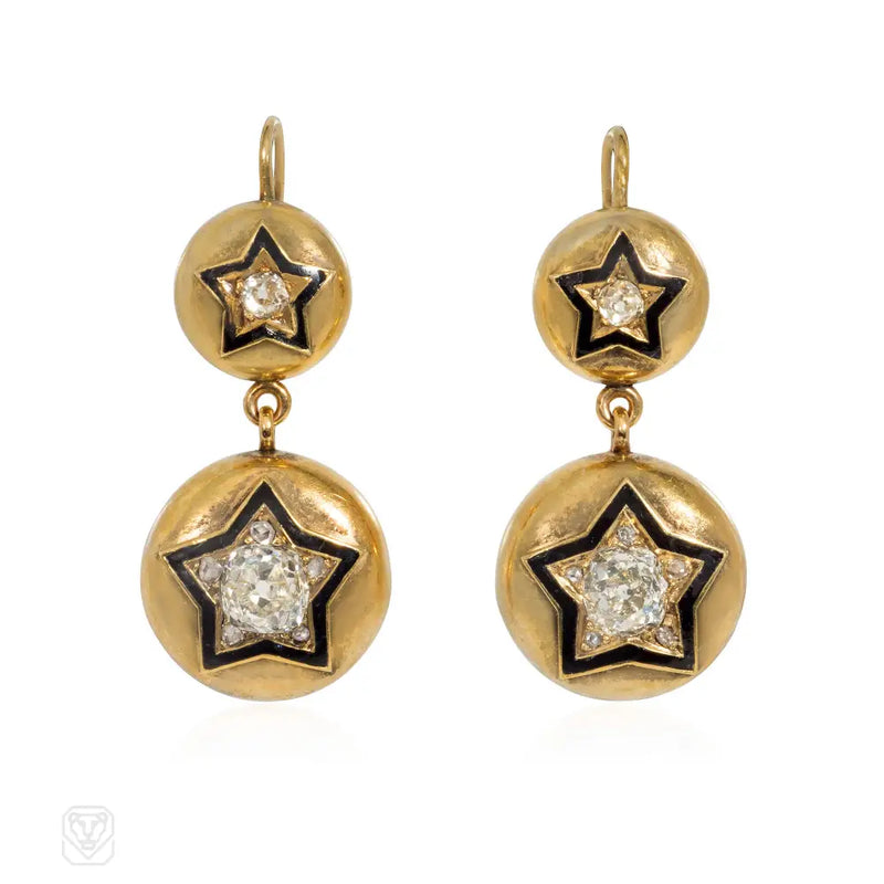 Russian Antique Enamel And Diamond Star Earrings