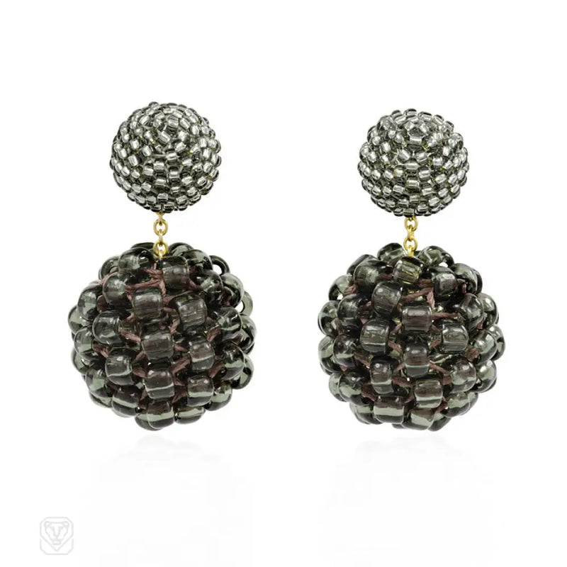 Silver And Grey Glass Beaded Double Ball Earrings