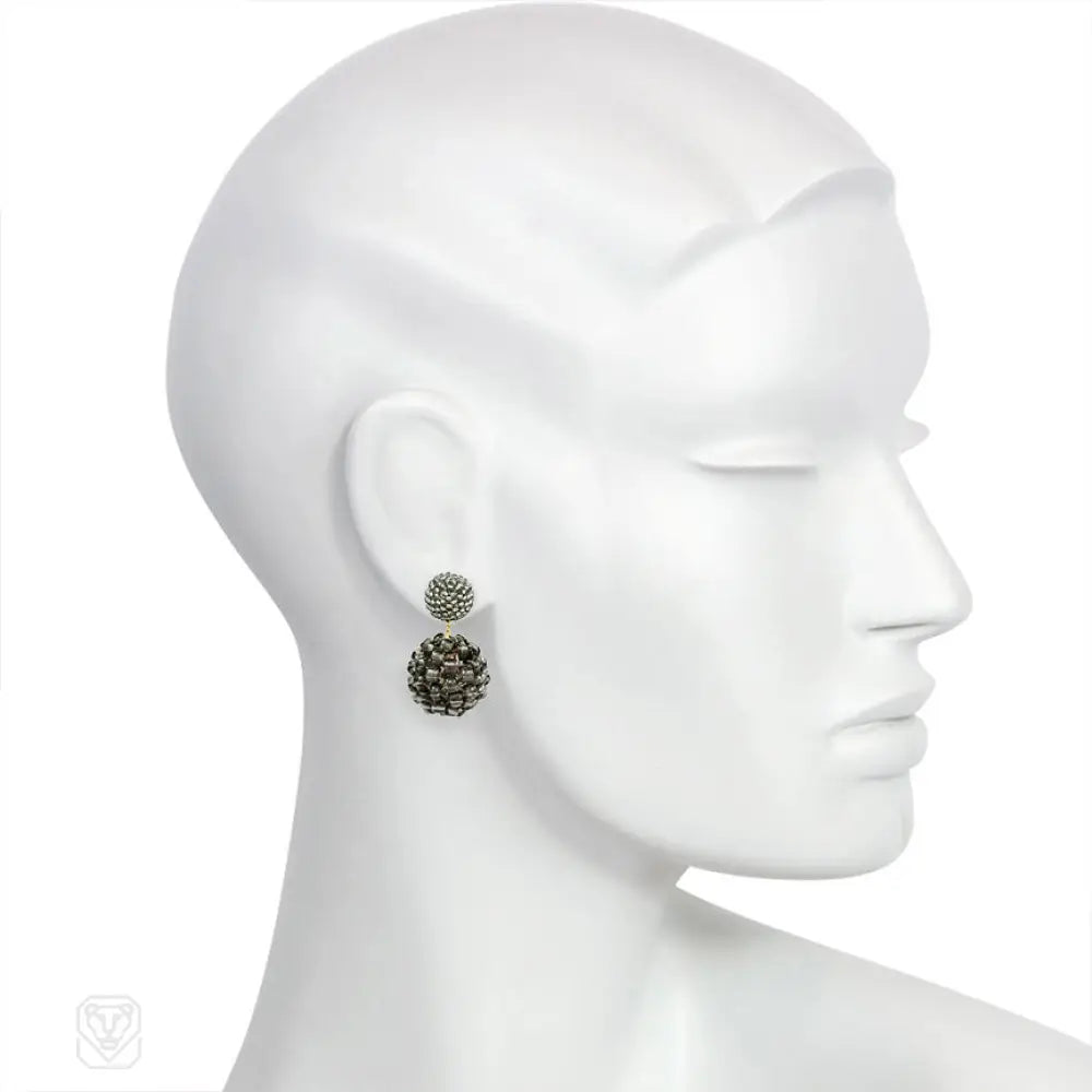 Silver and grey glass beaded double ball earrings