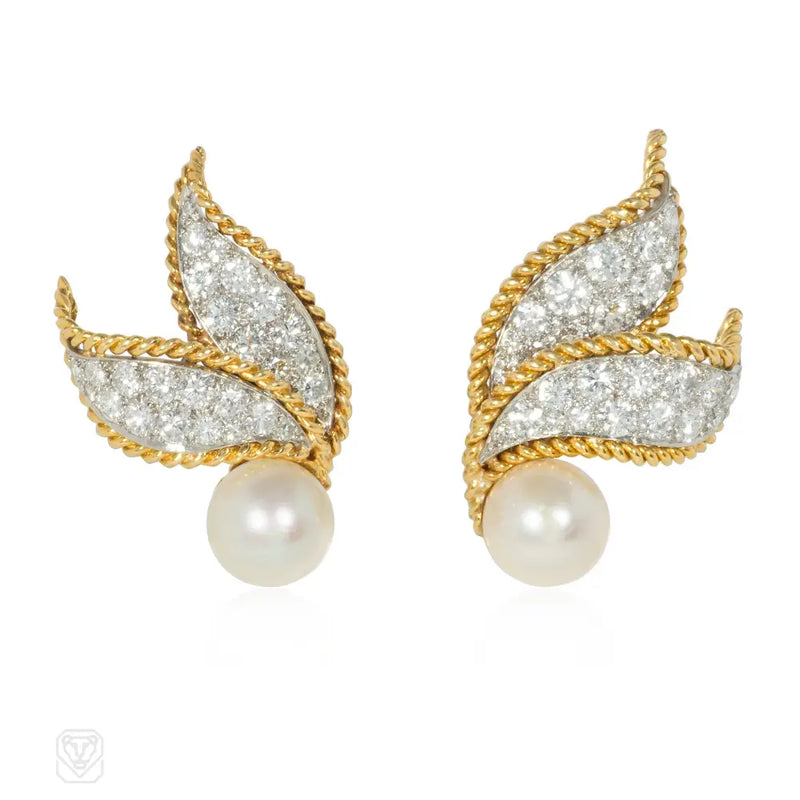 Van Cleef & Arpels Diamond And Pearl Leaf Earrings