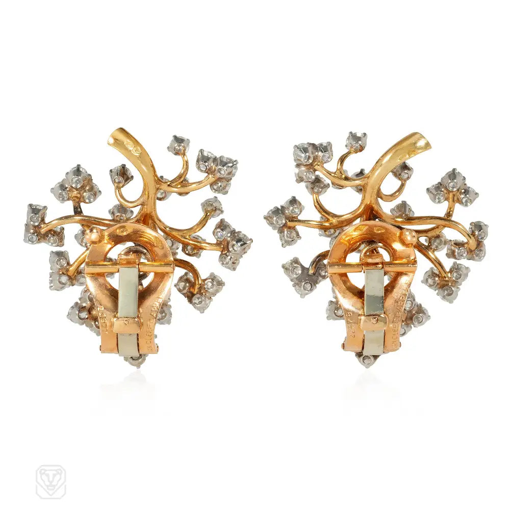 Van Cleef & Arpels, France diamond and gold flower spray earrings
