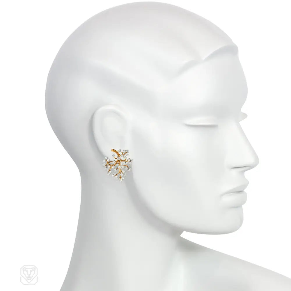 Van Cleef & Arpels, France diamond and gold flower spray earrings