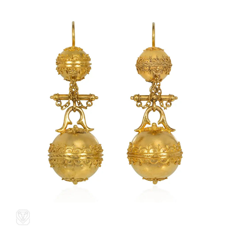 Victorian Etruscan Revival Gold Bead Earrings