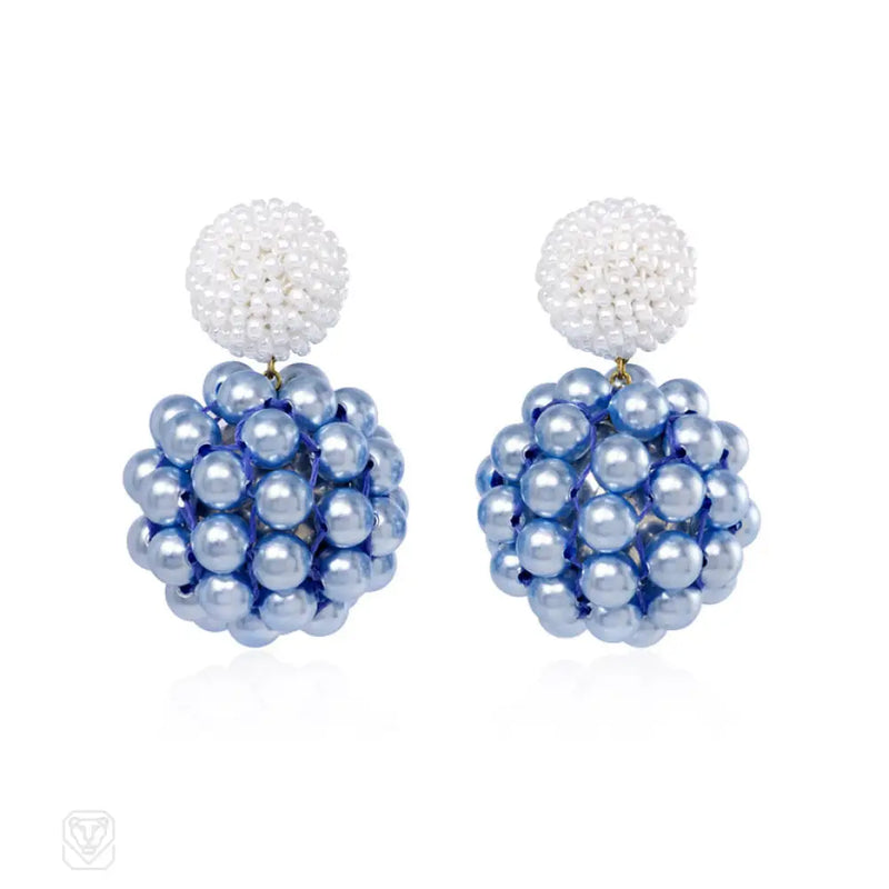 White Bead And Blue Swarovski Pearl Earrings