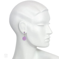 White gold and lavender glass and crystal beaded ball ear clips