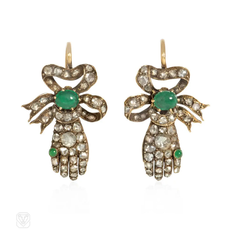 1820S Emerald Gold And Diamond Hand - Shaped Earrings