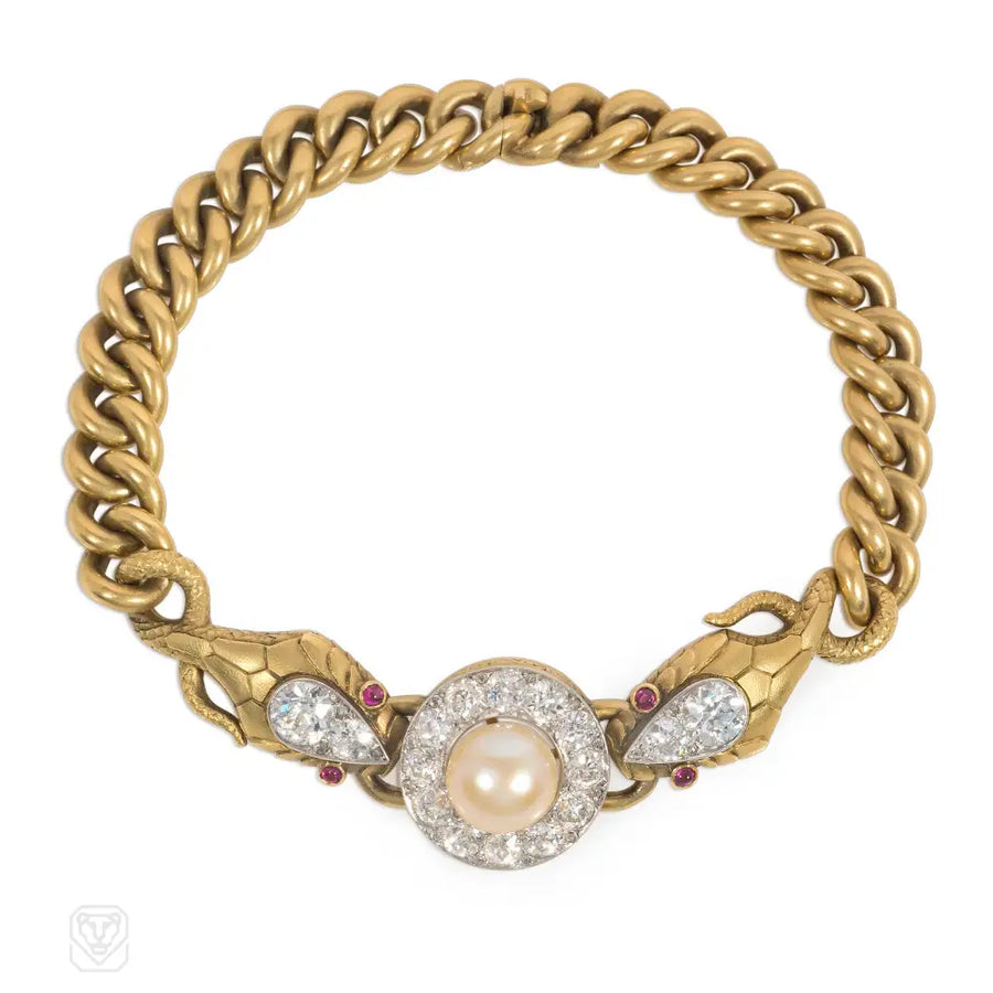 1900S French Gold Diamond And Pearl Snake Bracelet