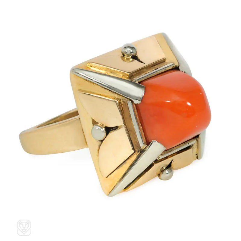 1920S Coral And Gold Pyramid Ring