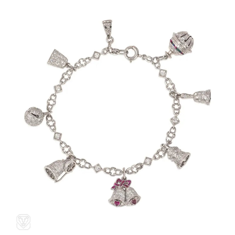 1920S Platinum And Multi - Gem Bell Charm Bracelet